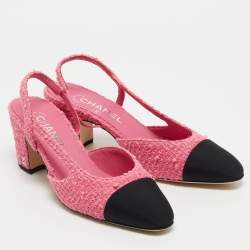 Pre Owned Chanel Pink/Black Tweed and Canvas CC Slingback Pumps Size 38.5