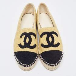 Pre Owned Chanel Gold/Black Glitter Fabric CC Espadrille Flats Size 38