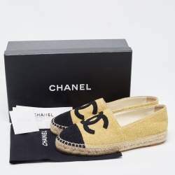 Pre Owned Chanel Gold/Black Glitter Fabric CC Espadrille Flats Size 38
