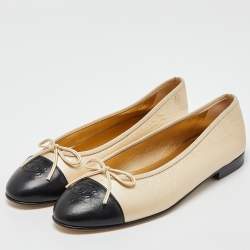 Pre Owned Chanel Metallic Gold/Black Leather CC Bow Cap Toe Ballet Flats Size 41.5