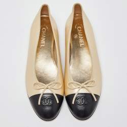 Pre Owned Chanel Metallic Gold/Black Leather CC Bow Cap Toe Ballet Flats Size 41.5