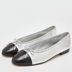 Chanel Metallic Silver/Black Leather CC Bow Cap Toe Ballet Flats Size 41.5