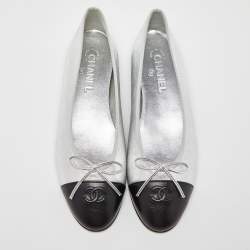 Chanel Metallic Silver/Black Leather CC Bow Cap Toe Ballet Flats Size 41.5
