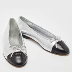 Chanel Metallic Silver/Black Leather CC Bow Cap Toe Ballet Flats Size 41.5