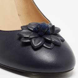 Pre Owned Chanel Navy Blue Leather Camelia Applique Pumps Size 39