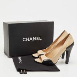 Pre Owned Chanel Beige/Black Leather Open Toe Pumps Size 38