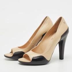 Pre Owned Chanel Beige/Black Leather Open Toe Pumps Size 38