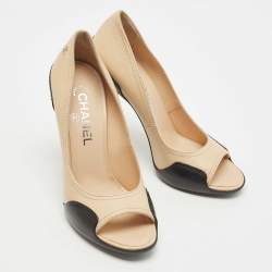 Pre Owned Chanel Beige/Black Leather Open Toe Pumps Size 38