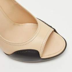 Pre Owned Chanel Beige/Black Leather Open Toe Pumps Size 38