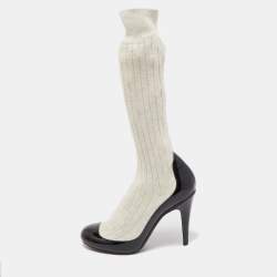 Pre Owned Chanel Black/Off White Patent Leather And Sock Knee Boots Size 38.5