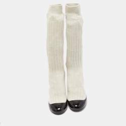 Pre Owned Chanel Black/Off White Patent Leather And Sock Knee Boots Size 38.5