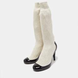 Pre Owned Chanel Black/Off White Patent Leather And Sock Knee Boots Size 38.5
