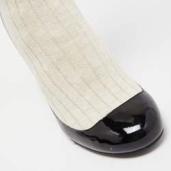 Pre Owned Chanel Black/Off White Patent Leather And Sock Knee Boots Size 38.5