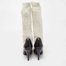 Pre Owned Chanel Black/Off White Patent Leather And Sock Knee Boots Size 38.5