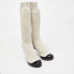 Pre Owned Chanel Black/Off White Patent Leather And Sock Knee Boots Size 38.5