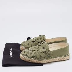 Chanel Olive Green Canvas CC Camellia Espadrille Flats Size 37