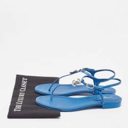 Chanel Blue Leather Embellished CC Thong Flat Sandals Size 40