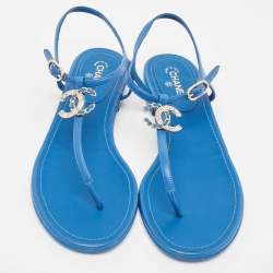 Chanel Blue Leather Embellished CC Thong Flat Sandals Size 40