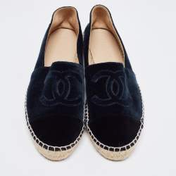 Pre Owned Chanel  Navy Blue Velvet CC Cap Toe Ballet Flats Size 40