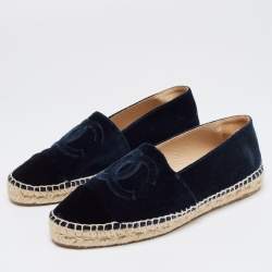 Pre Owned Chanel  Navy Blue Velvet CC Cap Toe Ballet Flats Size 40