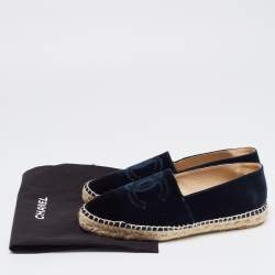 Pre Owned Chanel  Navy Blue Velvet CC Cap Toe Ballet Flats Size 40