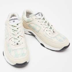 Chanel Tri Color Leather, Suede and Tweed CC Lace Up Sneakers Size 37.5