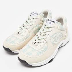 Chanel Tri Color Leather, Suede and Tweed CC Lace Up Sneakers Size 37.5