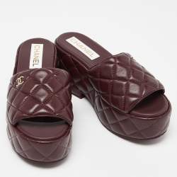 Chanel Burgundy Leather Espadrille Platform Wedge Slides Size 38