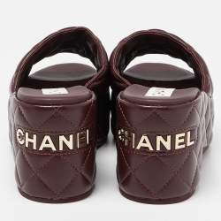 Chanel Burgundy Leather Espadrille Platform Wedge Slides Size 38