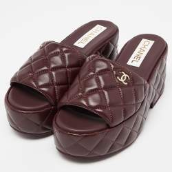 Chanel Burgundy Leather Espadrille Platform Wedge Slides Size 38