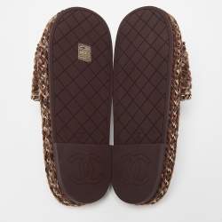 Pre Owned Chanel Burgundy Tweed and Leather Chain Detail Slide Sandals Size 38