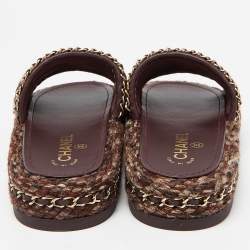 Pre Owned Chanel Burgundy Tweed and Leather Chain Detail Slide Sandals Size 38