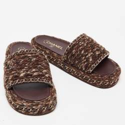 Pre Owned Chanel Burgundy Tweed and Leather Chain Detail Slide Sandals Size 38