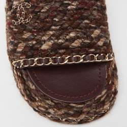 Pre Owned Chanel Burgundy Tweed and Leather Chain Detail Slide Sandals Size 38