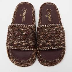 Pre Owned Chanel Burgundy Tweed and Leather Chain Detail Slide Sandals Size 38
