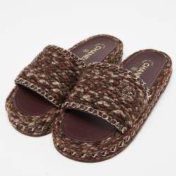 Pre Owned Chanel Burgundy Tweed and Leather Chain Detail Slide Sandals Size 38