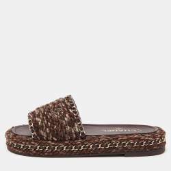 Pre Owned Chanel Burgundy Tweed and Leather Chain Detail Slide Sandals Size 38
