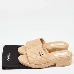 Chanel Beige Quilted Leather CC Platform Slide Sandals Size 38