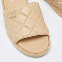 Chanel Beige Quilted Leather CC Platform Slide Sandals Size 38