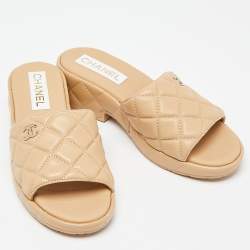 Chanel Beige Quilted Leather CC Platform Slide Sandals Size 38
