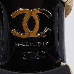 Chanel Beige/Black Suede and Patent Leather CC Cap Toe Mary Jane Flats Size 37.5