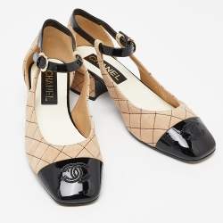 Chanel Beige/Black Suede and Patent Leather CC Cap Toe Mary Jane Flats Size 37.5
