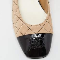 Chanel Beige/Black Suede and Patent Leather CC Cap Toe Mary Jane Flats Size 37.5