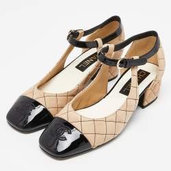 Chanel Beige/Black Suede and Patent Leather CC Cap Toe Mary Jane Flats Size 37.5