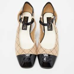 Chanel Beige/Black Suede and Patent Leather CC Cap Toe Mary Jane Flats Size 37.5