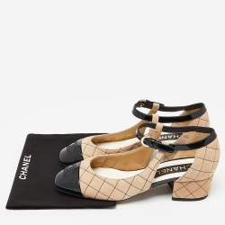 Chanel Beige/Black Suede and Patent Leather CC Cap Toe Mary Jane Flats Size 37.5