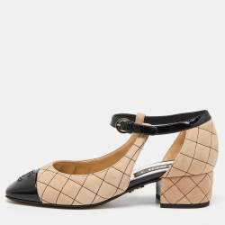 Chanel Beige/Black Suede and Patent Leather CC Cap Toe Mary Jane Flats Size 37.5