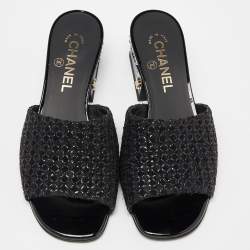  Chanel Black Fabric and Patent Leather Pearl Embellished Slide Sandals Size 38