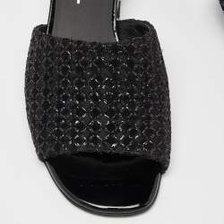  Chanel Black Fabric and Patent Leather Pearl Embellished Slide Sandals Size 38