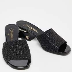  Chanel Black Fabric and Patent Leather Pearl Embellished Slide Sandals Size 38